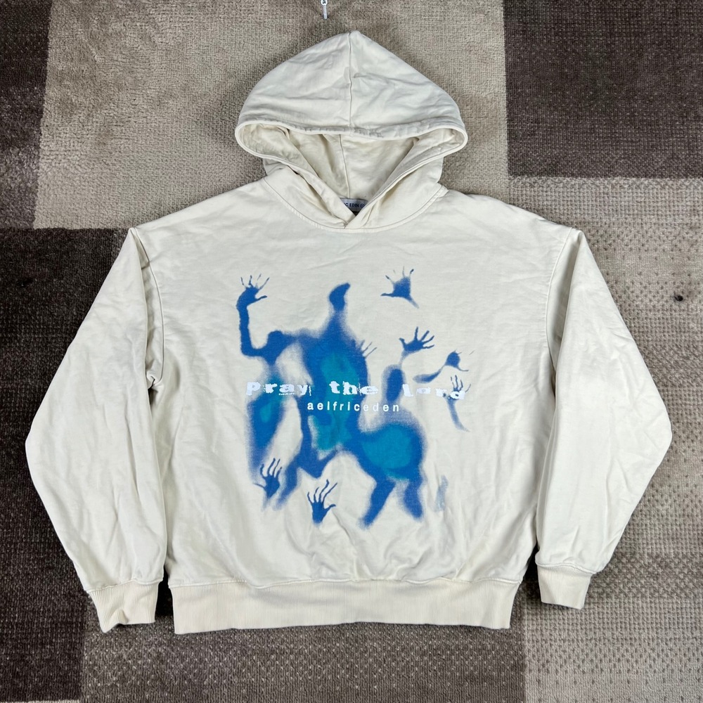 Elfric Eden Cream Graphic Hoodie Pray The Devil Is Real Abstract Print Size XS